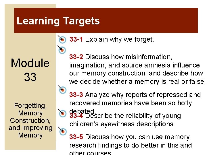 Learning Targets 33 -1 Explain why we forget. Module 33 Forgetting, Memory Construction, and