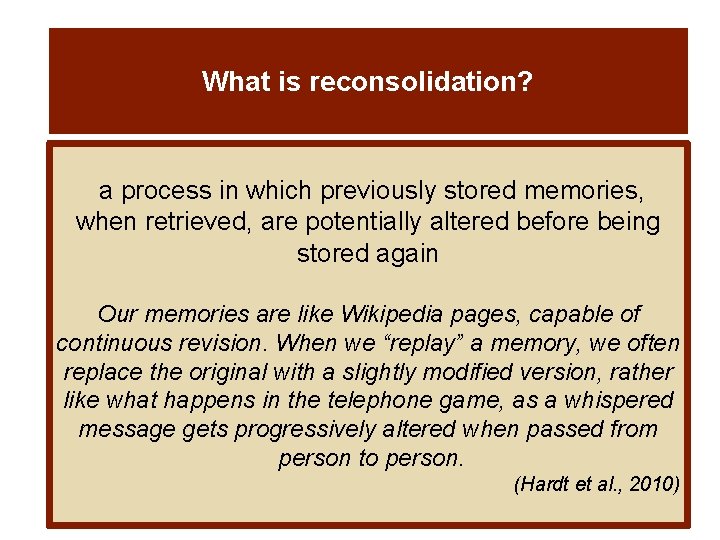 What is reconsolidation? a process in which previously stored memories, when retrieved, are potentially