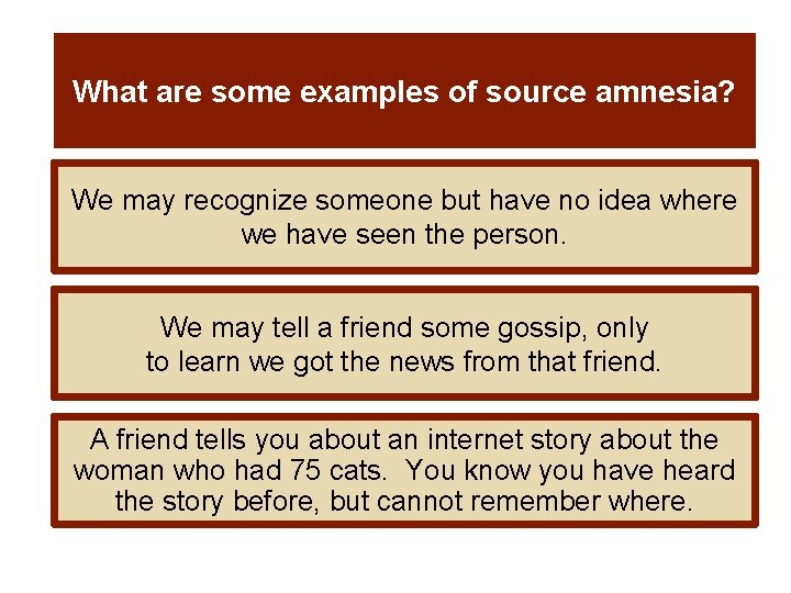 What are some examples of source amnesia? We may recognize someone but have no