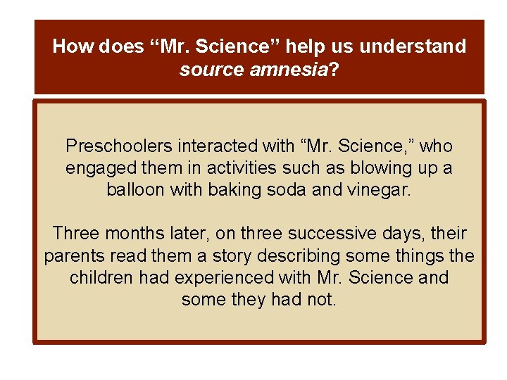 How does “Mr. Science” help us understand source amnesia? Preschoolers interacted with “Mr. Science,