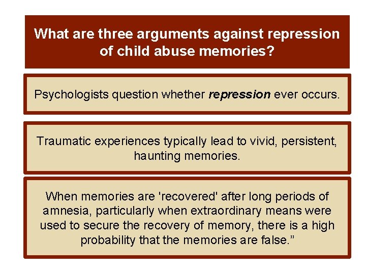 What are three arguments against repression of child abuse memories? Psychologists question whether repression