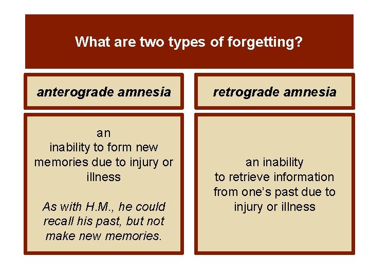 What are two types of forgetting? anterograde amnesia an inability to form new memories