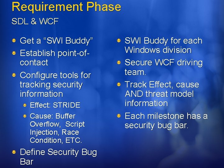 Requirement Phase SDL & WCF Get a “SWI Buddy” Establish point-ofcontact Configure tools for