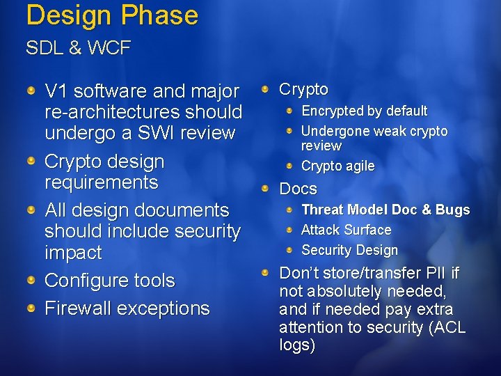 Design Phase SDL & WCF V 1 software and major re-architectures should undergo a