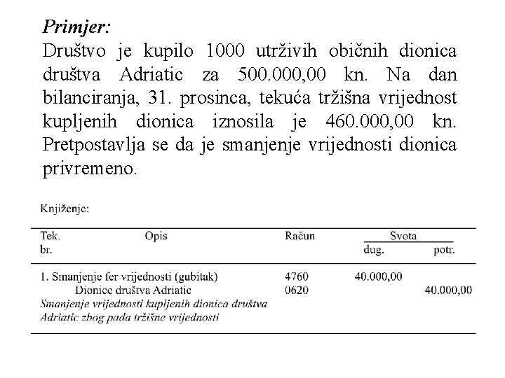 Primjer: Društvo je kupilo 1000 utrživih običnih dionica društva Adriatic za 500. 000, 00