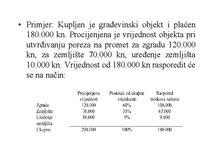  • Primjer: Kupljen je građevinski objekt i plaćen 180. 000 kn. Procijenjena je