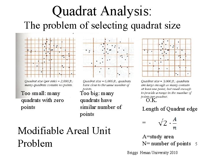 Quadrat Analysis: The problem of selecting quadrat size Too small: many quadrats with zero