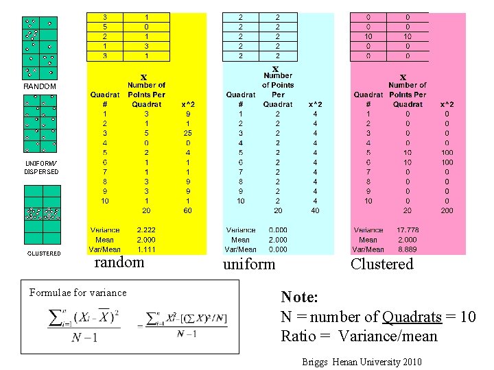 x x RANDOM x UNIFORM/ DISPERSED CLUSTERED random uniform Formulae for variance 2 Clustered
