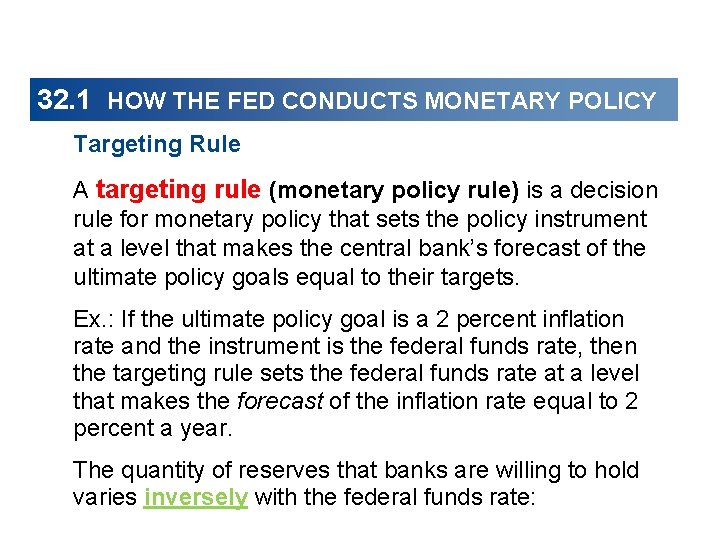32. 1 HOW THE FED CONDUCTS MONETARY POLICY Targeting Rule A targeting rule (monetary
