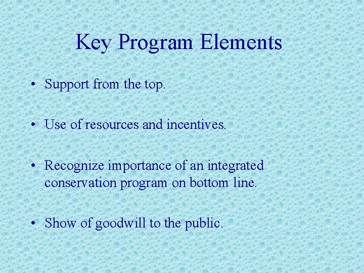 Key Program Elements • Support from the top. • Use of resources and incentives.