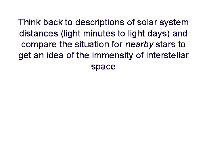 Think back to descriptions of solar system distances (light minutes to light days) and