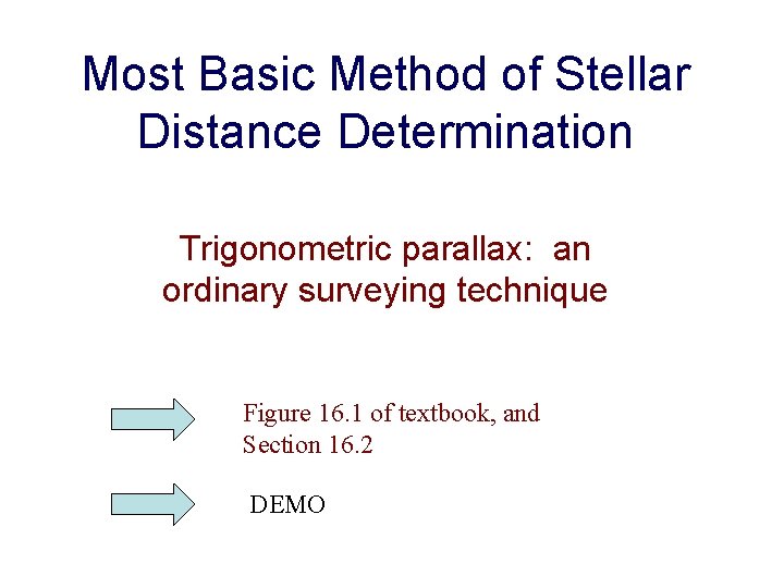 Most Basic Method of Stellar Distance Determination Trigonometric parallax: an ordinary surveying technique Figure