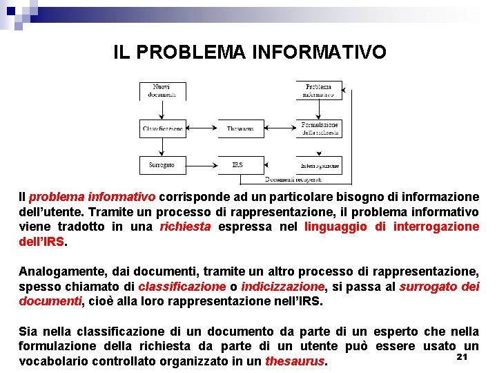 IL PROBLEMA INFORMATIVO Il problema informativo corrisponde ad un particolare bisogno di informazione dell’utente.