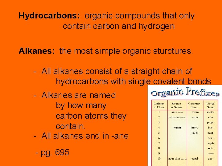 Hydrocarbons: organic compounds that only contain carbon and hydrogen Alkanes: the most simple organic