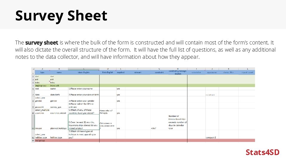 Survey Sheet The survey sheet is where the bulk of the form is constructed