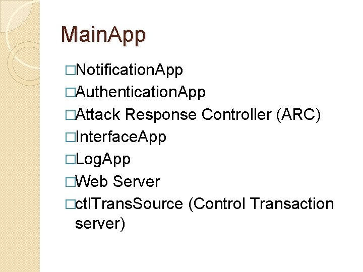 Main. App �Notification. App �Authentication. App �Attack Response Controller (ARC) �Interface. App �Log. App