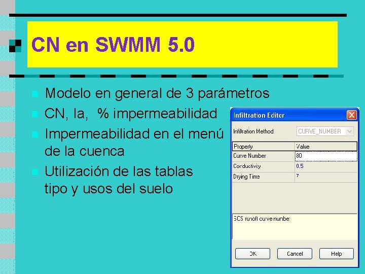 CN en SWMM 5. 0 n n Modelo en general de 3 parámetros CN,