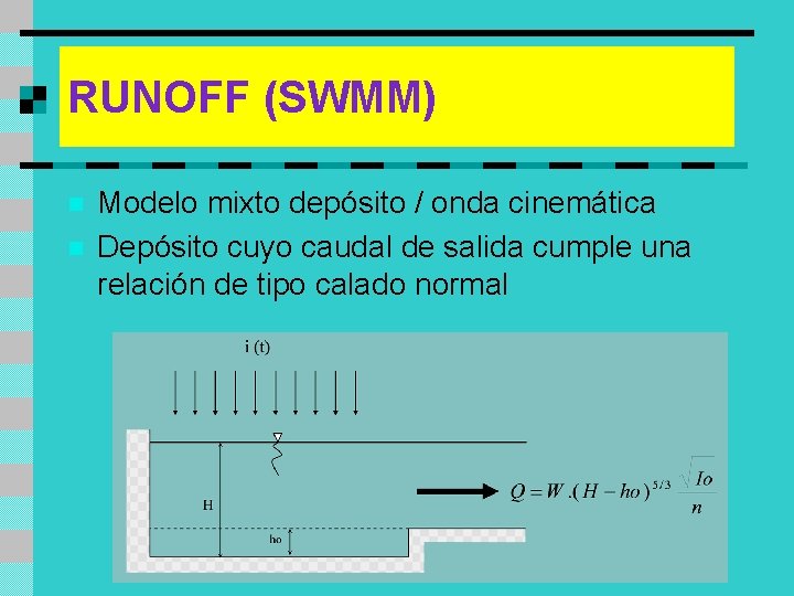 RUNOFF (SWMM) n n Modelo mixto depósito / onda cinemática Depósito cuyo caudal de
