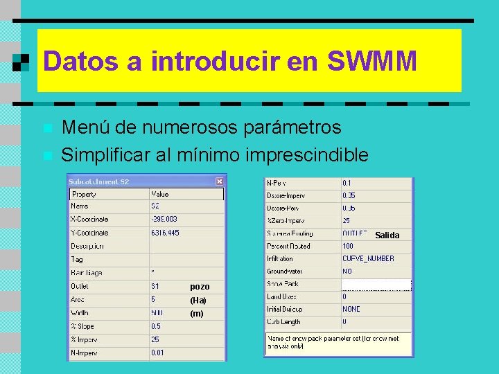 Datos a introducir en SWMM n n Menú de numerosos parámetros Simplificar al mínimo