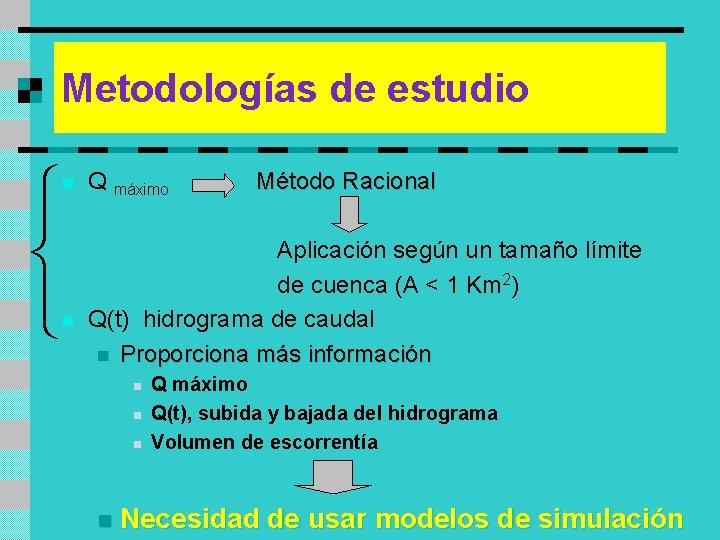 Metodologías de estudio n n Q máximo Método Racional Aplicación según un tamaño límite