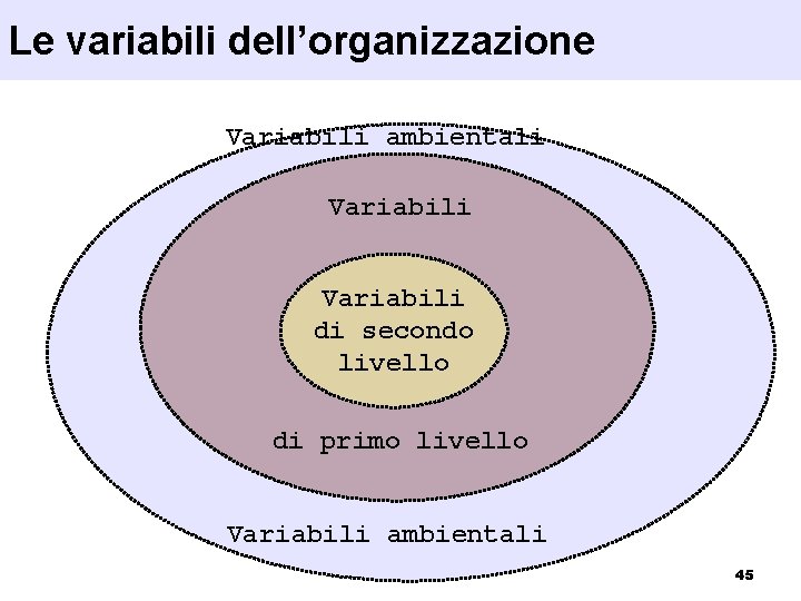 Le variabili dell’organizzazione Variabili ambientali Variabili di secondo livello di primo livello Variabili ambientali