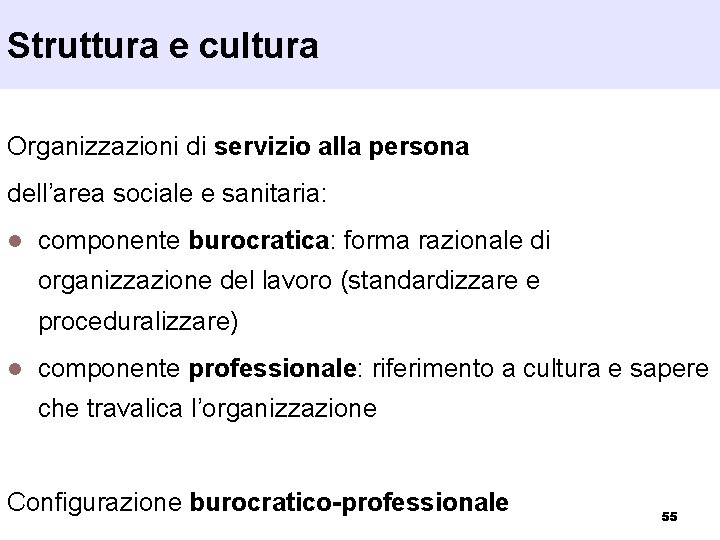 Struttura e cultura Organizzazioni di servizio alla persona dell’area sociale e sanitaria: l componente