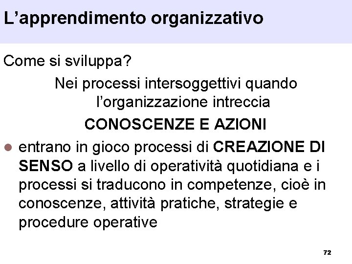 L’apprendimento organizzativo Come si sviluppa? Nei processi intersoggettivi quando l’organizzazione intreccia CONOSCENZE E AZIONI