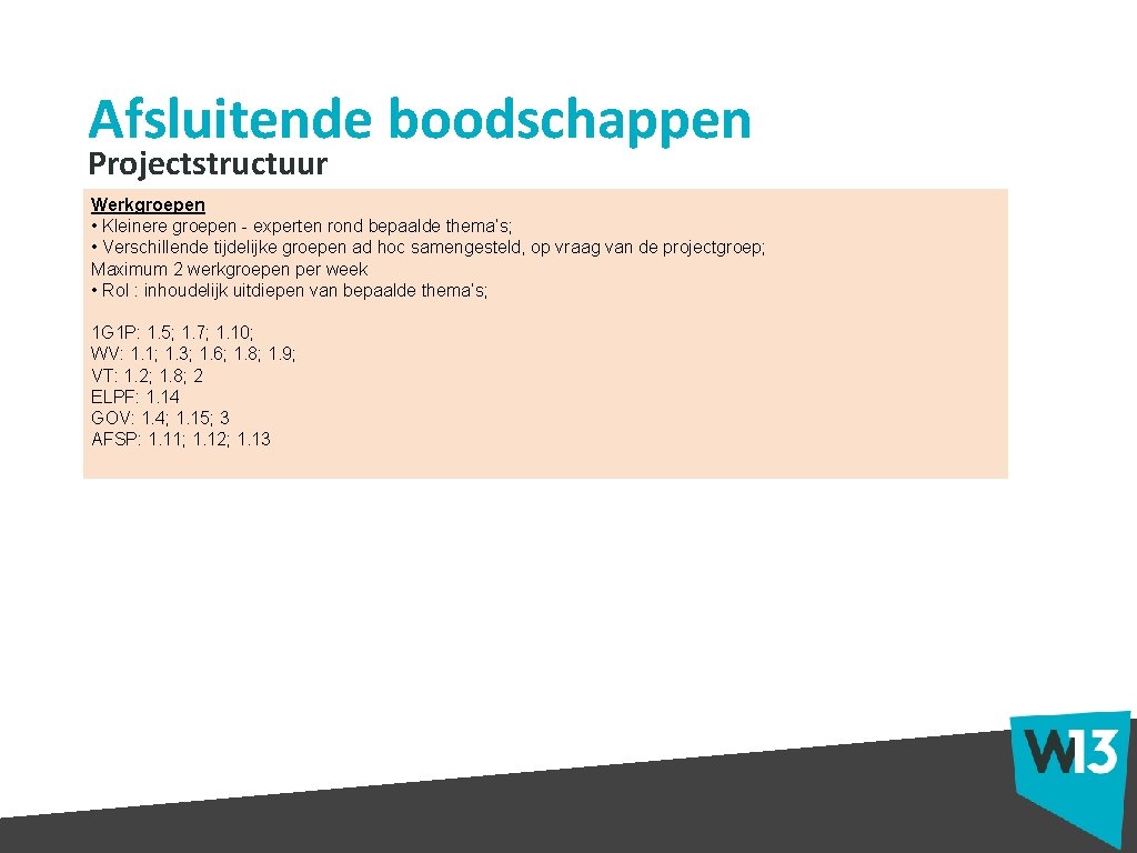 Afsluitende boodschappen Projectstructuur Werkgroepen • Kleinere groepen - experten rond bepaalde thema’s; • Verschillende