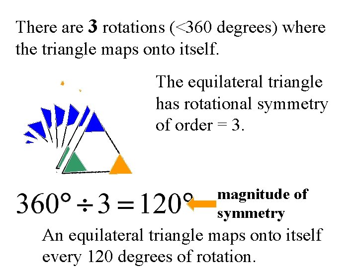 There are 3 rotations (<360 degrees) where the triangle maps onto itself. The equilateral