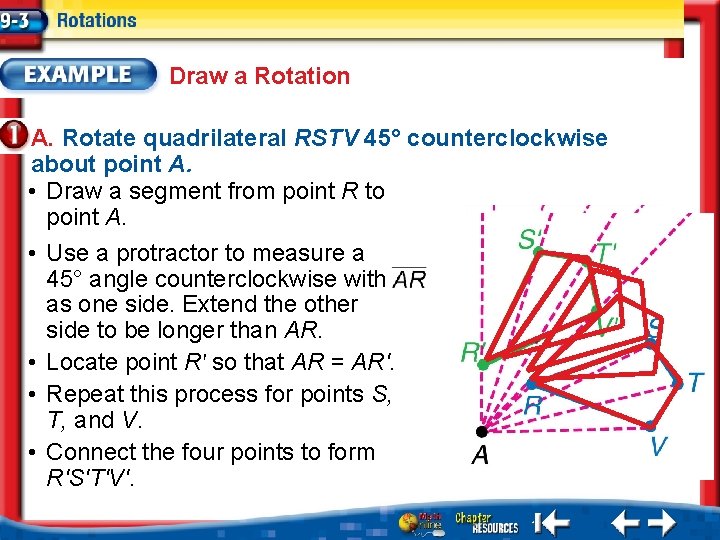 Draw a Rotation A. Rotate quadrilateral RSTV 45° counterclockwise about point A. • Draw