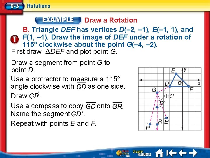 Draw a Rotation B. Triangle DEF has vertices D(– 2, – 1), E(– 1,