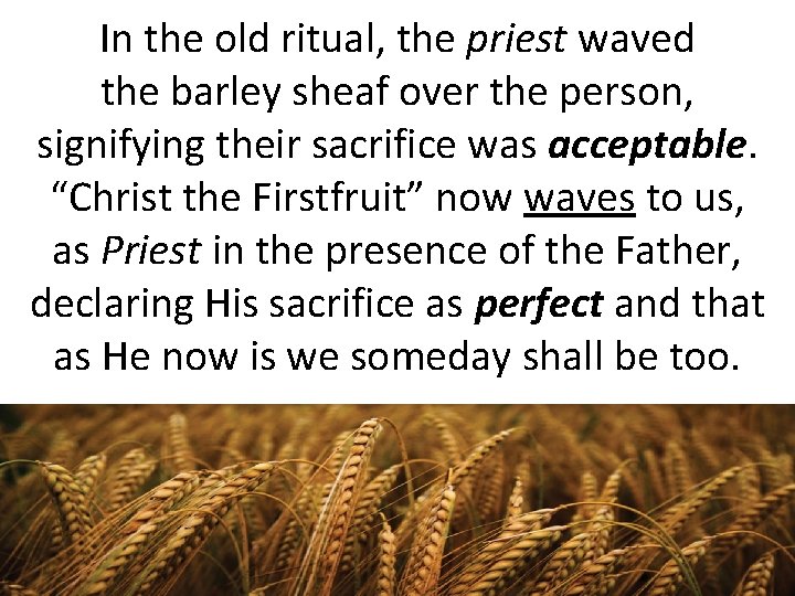 In the old ritual, the priest waved the barley sheaf over the person, signifying