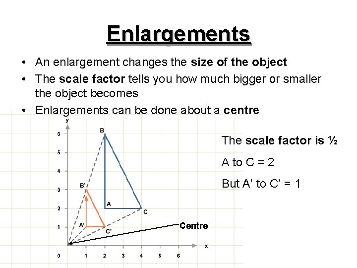 Enlargements • An enlargement changes the size of the object • The scale factor