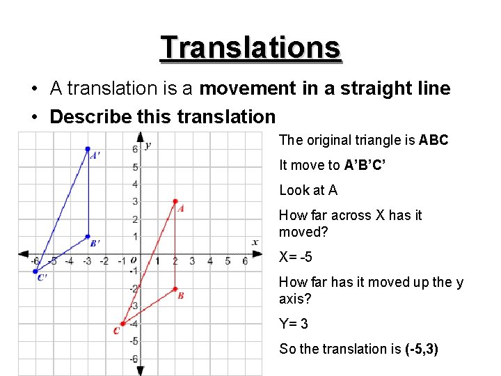 Translations • A translation is a movement in a straight line • Describe this