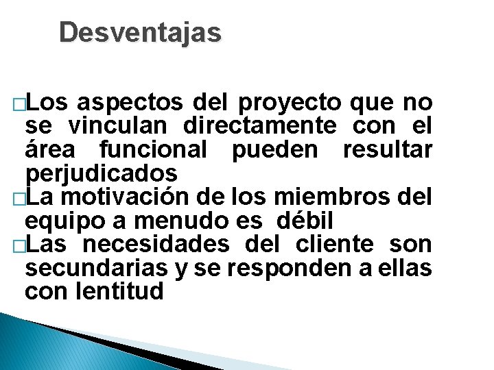 Desventajas �Los aspectos del proyecto que no se vinculan directamente con el área funcional Desventajas �Los aspectos del proyecto que no se vinculan directamente con el área funcional