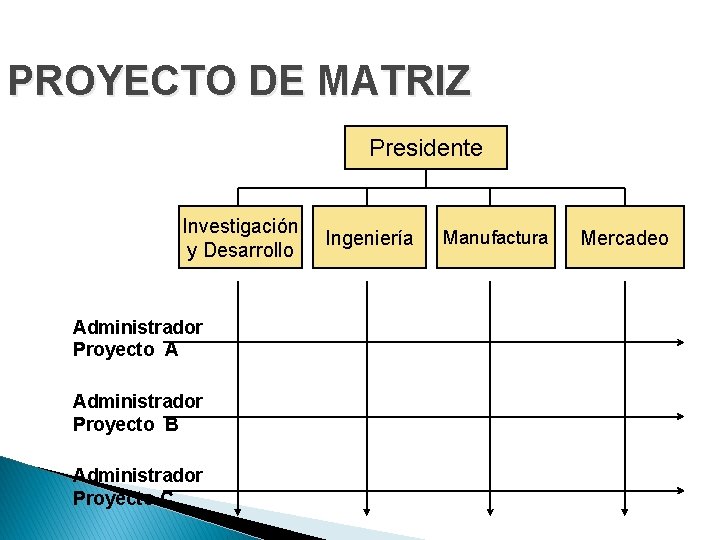 PROYECTO DE MATRIZ Presidente Investigación y Desarrollo Administrador Proyecto A Administrador Proyecto B Administrador PROYECTO DE MATRIZ Presidente Investigación y Desarrollo Administrador Proyecto A Administrador Proyecto B Administrador