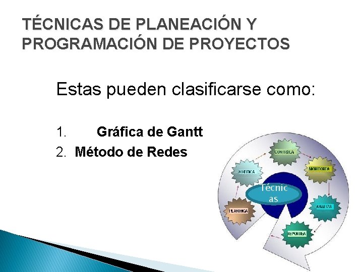 TÉCNICAS DE PLANEACIÓN Y PROGRAMACIÓN DE PROYECTOS Estas pueden clasificarse como: 1. Gráfica de TÉCNICAS DE PLANEACIÓN Y PROGRAMACIÓN DE PROYECTOS Estas pueden clasificarse como: 1. Gráfica de