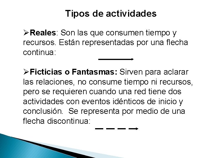 Tipos de actividades ØReales: Son las que consumen tiempo y recursos. Están representadas por Tipos de actividades ØReales: Son las que consumen tiempo y recursos. Están representadas por