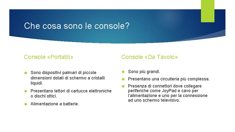 Che cosa sono le console? Console «Portatili» Sono dispositivi palmari di piccole dimensioni dotati Che cosa sono le console? Console «Portatili» Sono dispositivi palmari di piccole dimensioni dotati