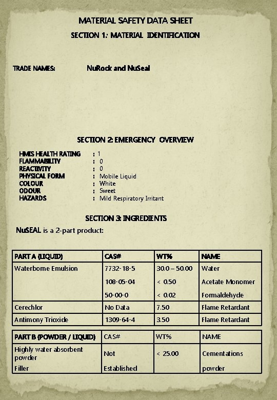 MATERIAL SAFETY DATA SHEET SECTION 1: MATERIAL IDENTIFICATION Nu. Rock and Nu. Seal TRADE