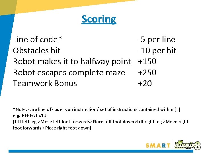 Scoring Line of code* Obstacles hit Robot makes it to halfway point Robot escapes