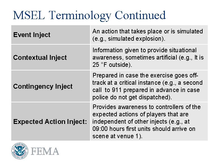 MSEL Terminology Continued Event Inject An action that takes place or is simulated (e.