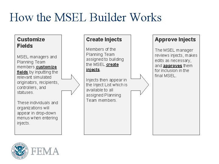 How the MSEL Builder Works Customize Fields MSEL managers and Planning Team members customize