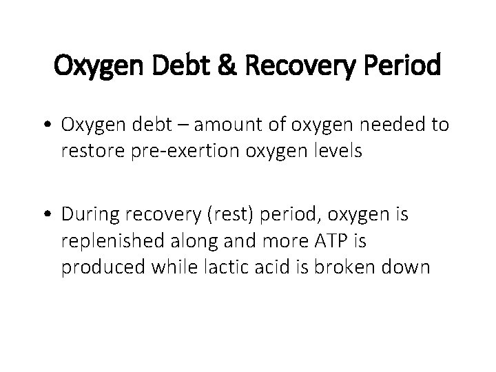 Oxygen Debt & Recovery Period • Oxygen debt – amount of oxygen needed to