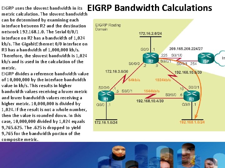 EIGRP Bandwidth Calculations EIGRP uses the slowest bandwidth in its metric calculation. The slowest