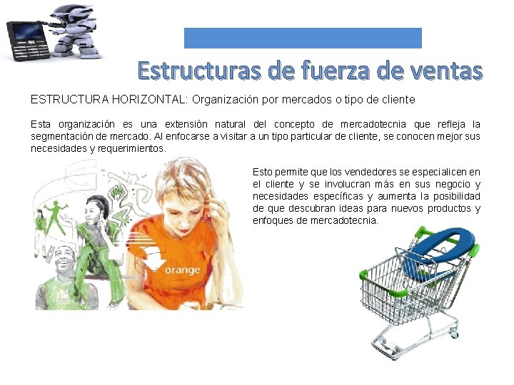 Estructuras de fuerza de ventas ESTRUCTURA HORIZONTAL: Organización por mercados o tipo de cliente