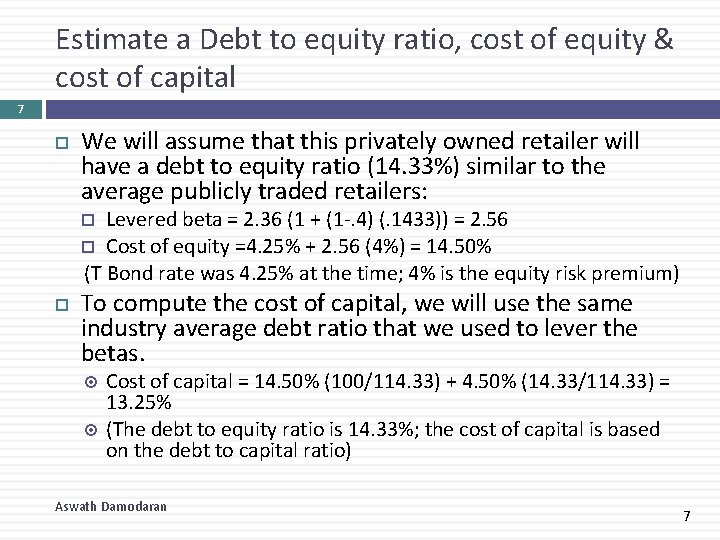 Estimate a Debt to equity ratio, cost of equity & cost of capital 7