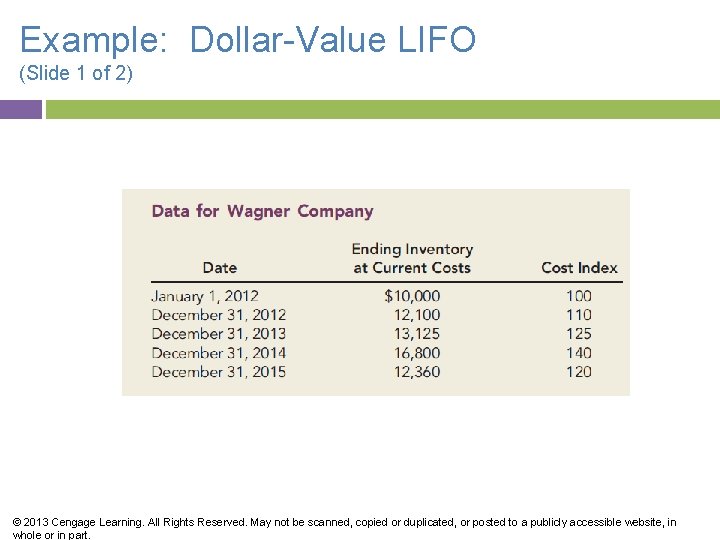 Example: Dollar-Value LIFO (Slide 1 of 2) © 2013 Cengage Learning. All Rights Reserved.