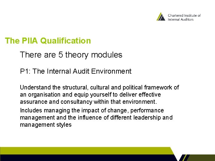 The PIIA Qualification There are 5 theory modules P 1: The Internal Audit Environment The PIIA Qualification There are 5 theory modules P 1: The Internal Audit Environment