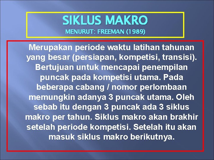 SIKLUS MAKRO MENURUT: FREEMAN (1989) Merupakan periode waktu latihan tahunan yang besar (persiapan, kompetisi,